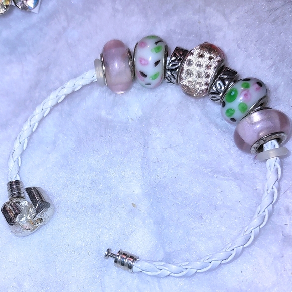 Glass Bead Braided Leatherette Pink & White Bracelet - clone listing - Picture 3 of 15